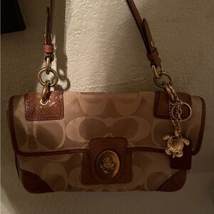 Coach Tan and Brown Shoulder Bag with Gold Accents